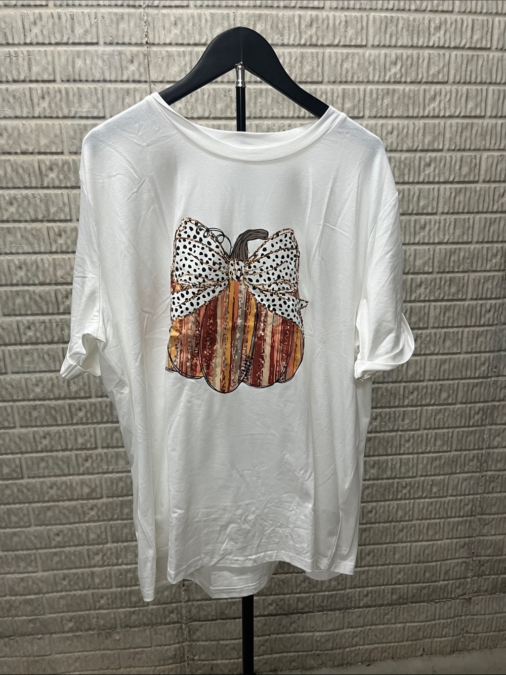 Women's White Graphic Pumpkin Bow Tee